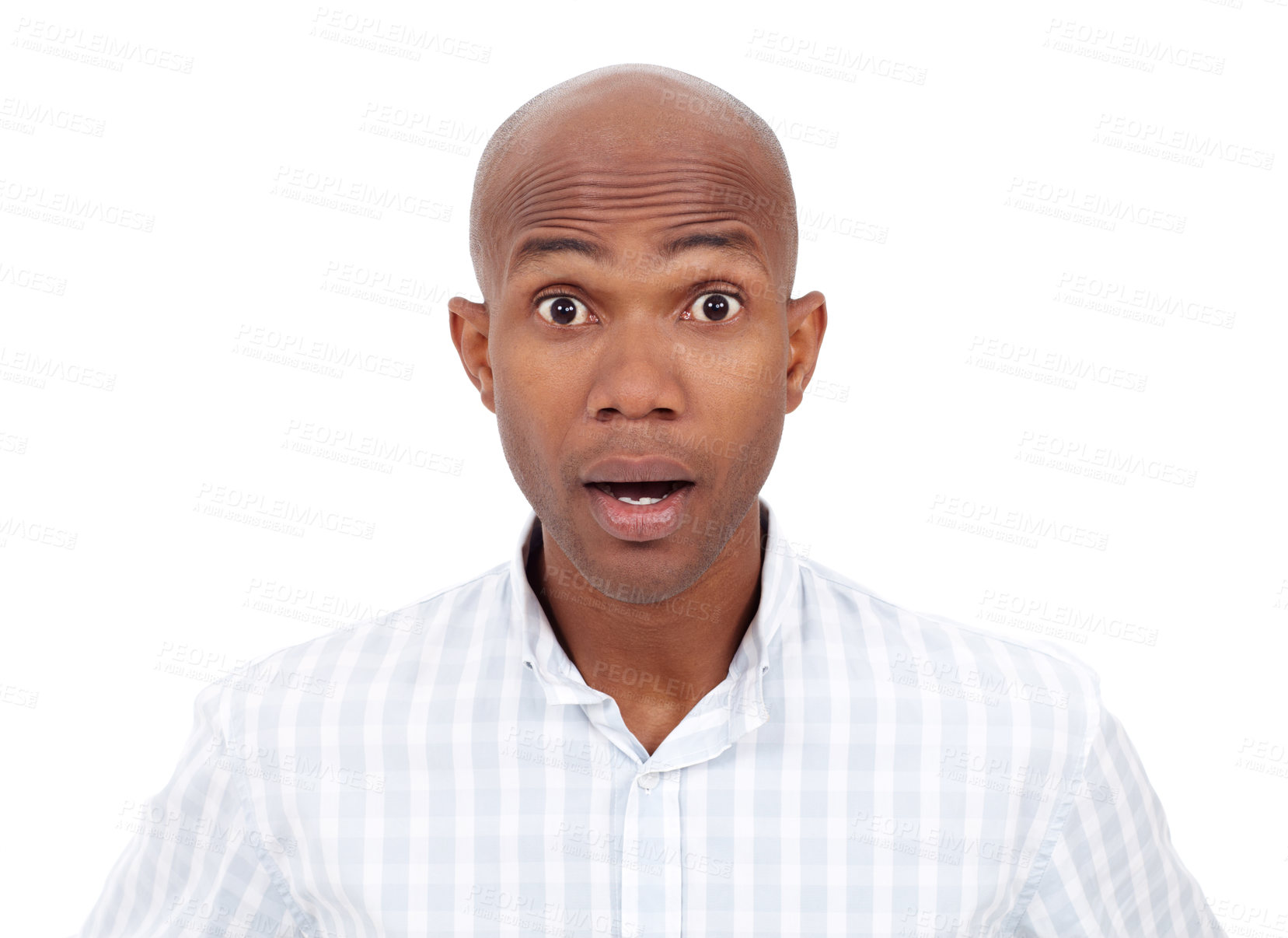 Buy stock photo Head and shoulders studio portrait of a surprised-looking african american man isolated on white