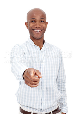 Buy stock photo Studio portrait of a young african american man pointing one finger at the camera and smiling