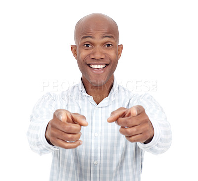 Buy stock photo Studio portrait of a young african american man pointing two fingers at the camera and smiling
