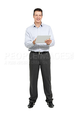 Buy stock photo Businessman, laptop and portrait in studio for networking, client communication or company research. Employee, technology and smile on white background for revenue report, information or project news
