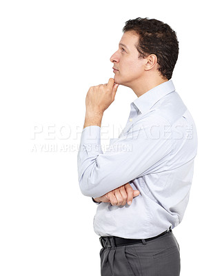 Buy stock photo Studio profile shot of a man looking thoughtful isolated on white