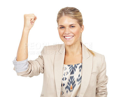 Buy stock photo Studio portrait of an attractive blonde woman giving a fist pump and smiling at the camera isolated on white