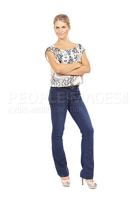 Buy stock photo Crossed arms, fashion and portrait of woman in studio with trendy, elegant and classic outfit. Confident, happy and person from London with fancy clothes for style and high heels by white background