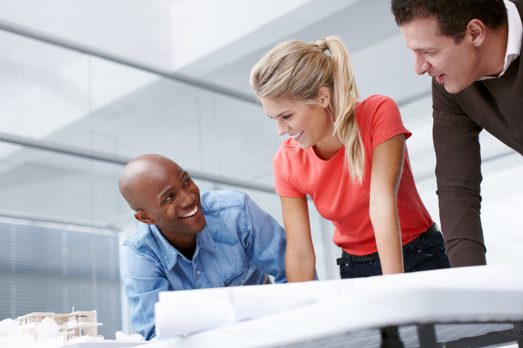Buy stock photo Blueprint, architecture and business people in office, teamwork and conversation. Employees, engineering and group with planning for project, renovation and real estate development with cooperation