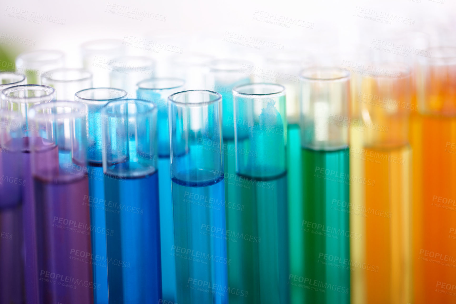 Buy stock photo Test, tubes and science with colorful liquid for experiment, exam or chemical compounds at laboratory. Empty, vial and equipment with fluid or glass bottles for scientific chemistry or alchemy at lab