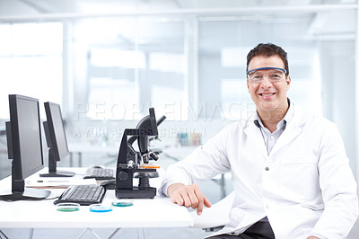 Buy stock photo Microscope, man and portrait of happy scientist for science breakthrough, clinical trial or discovery. Glasses, medical test or vaccine research in laboratory with confidence for virus cure in Canada