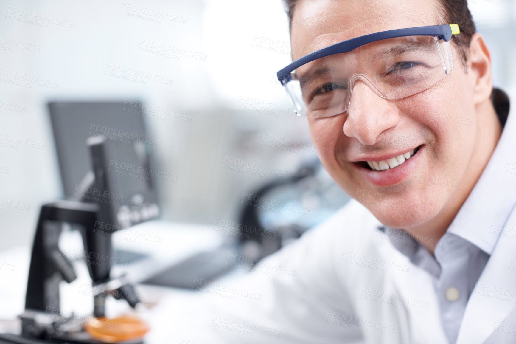 Buy stock photo Science, research and microscope with portrait of man in laboratory for bird flu mutation, vaccine and healthcare. Virus infection, bacteria and medical with person for cell study and biotechnology