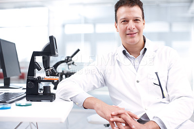 Buy stock photo Healthcare, research and microscope with portrait of man in laboratory for bird flu mutation, vaccine and science. Virus infection, bacteria and medical with person for cell study and biotechnology
