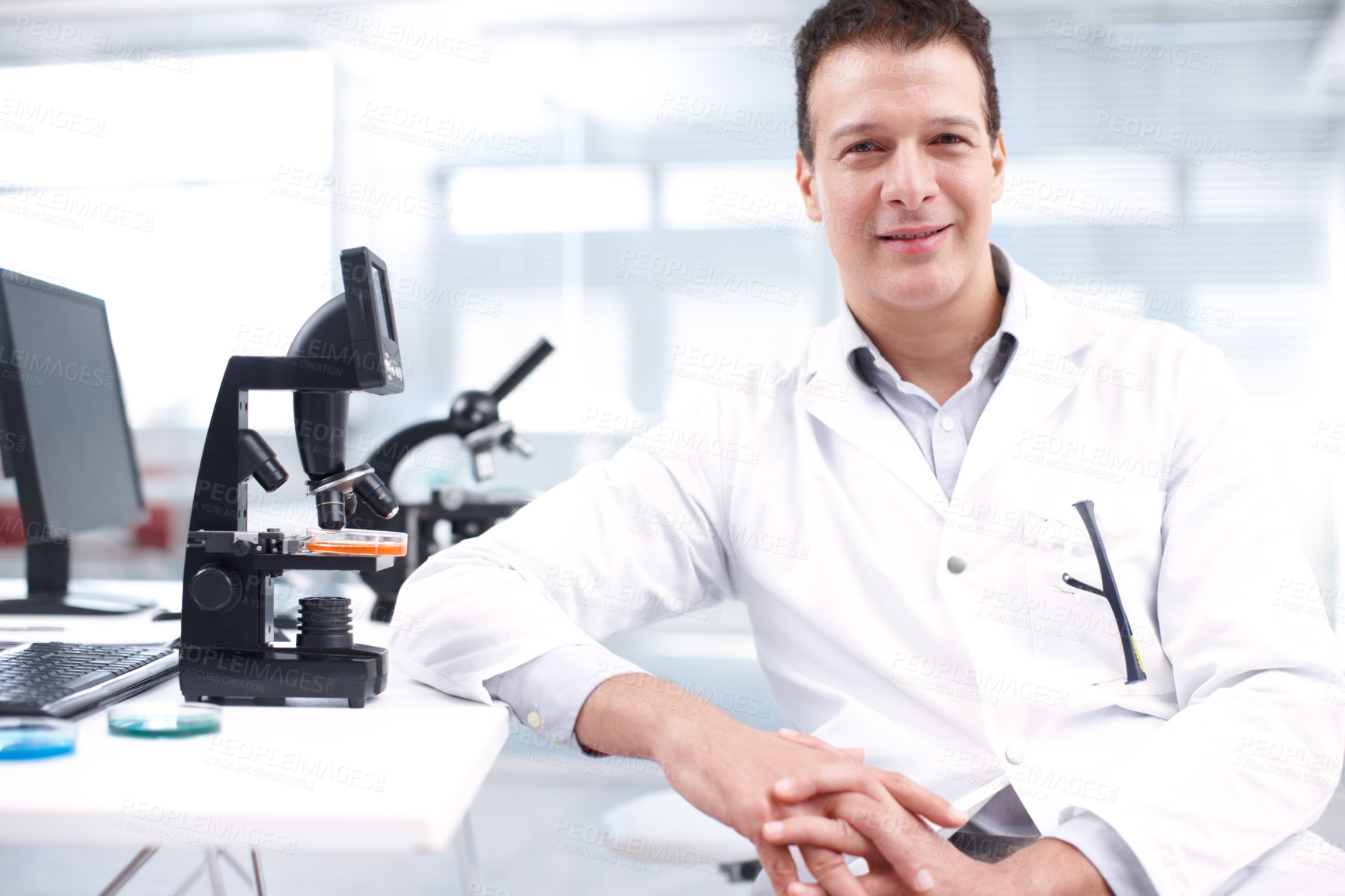 Buy stock photo Healthcare, research and microscope with portrait of man in laboratory for bird flu mutation, vaccine and science. Virus infection, bacteria and medical with person for cell study and biotechnology
