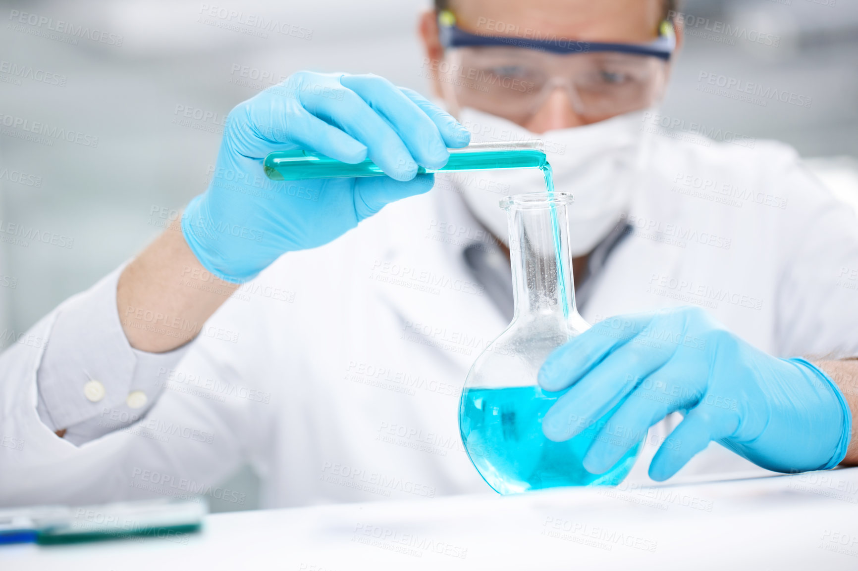 Buy stock photo Man, scientist or hands with vial or beaker for chemical experiment, test or exam at lab. Male person, chemist or pharmacist with liquid compound, sample or tube for mixture, alchemy or new discovery