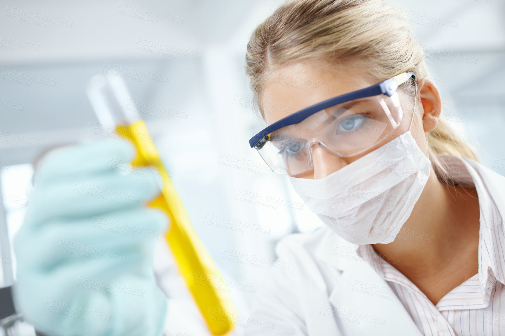 Buy stock photo Woman, scientist and urine vial in laboratory, medical study and tool for chemical pathology. Female person, doctor and tube for healthcare research, instrument and reaction experiment for analysis