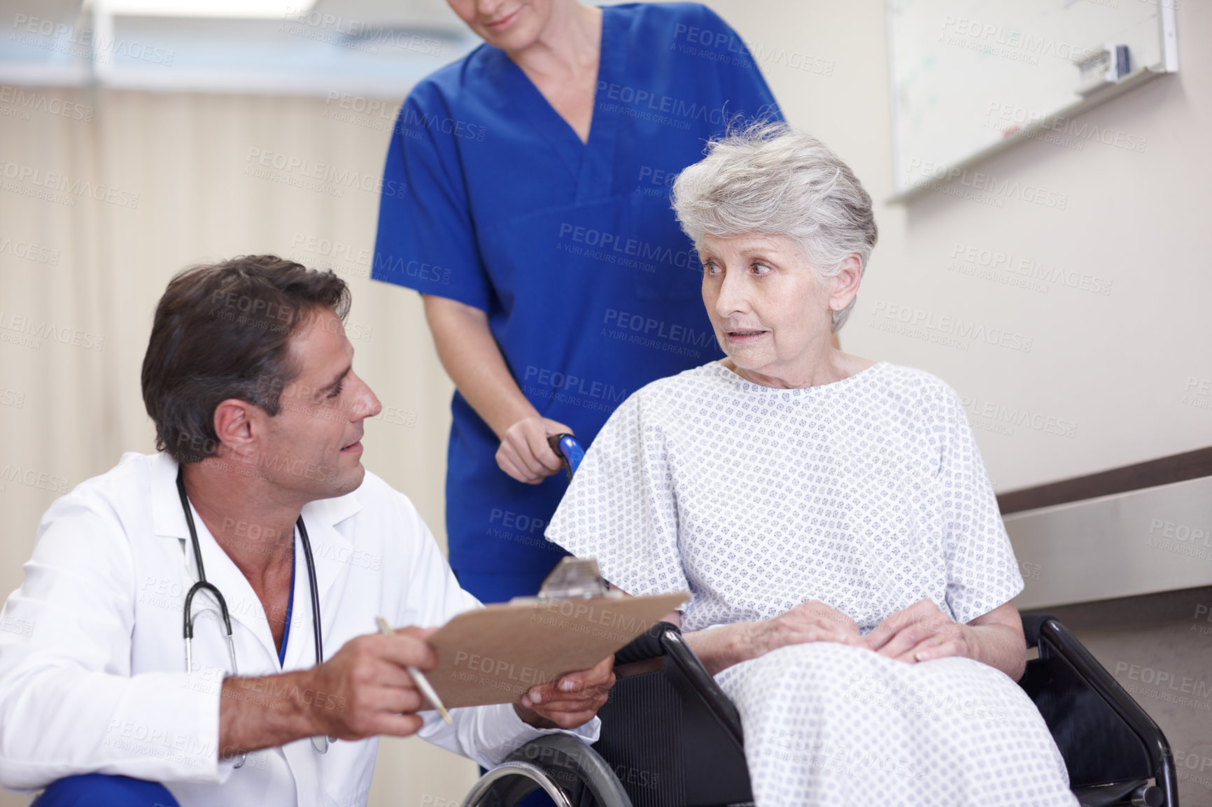 Buy stock photo Feedback, doctor or old woman in wheelchair in hospital talking to elderly patient for results. Medical, diagnosis or healthcare worker in clinic consulting senior person with disability or clipboard