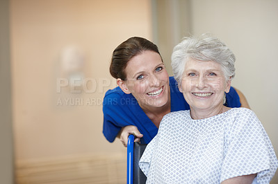 Buy stock photo Face, nurse and senior woman in hospital, smile and healthcare for recovery, assisted living and joy. Sick, retirement and elderly person with disability, caregiver and help for patient in clinic