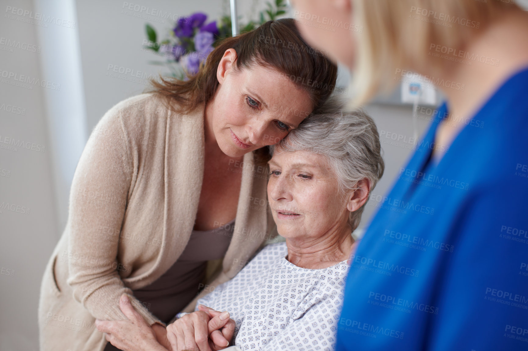 Buy stock photo Daughter, senior person and nurse in clinic for visit, diagnosis or comfort as cancer patient. Elderly woman, family and healthcare services for empathy, support or consultation in doctor appointment