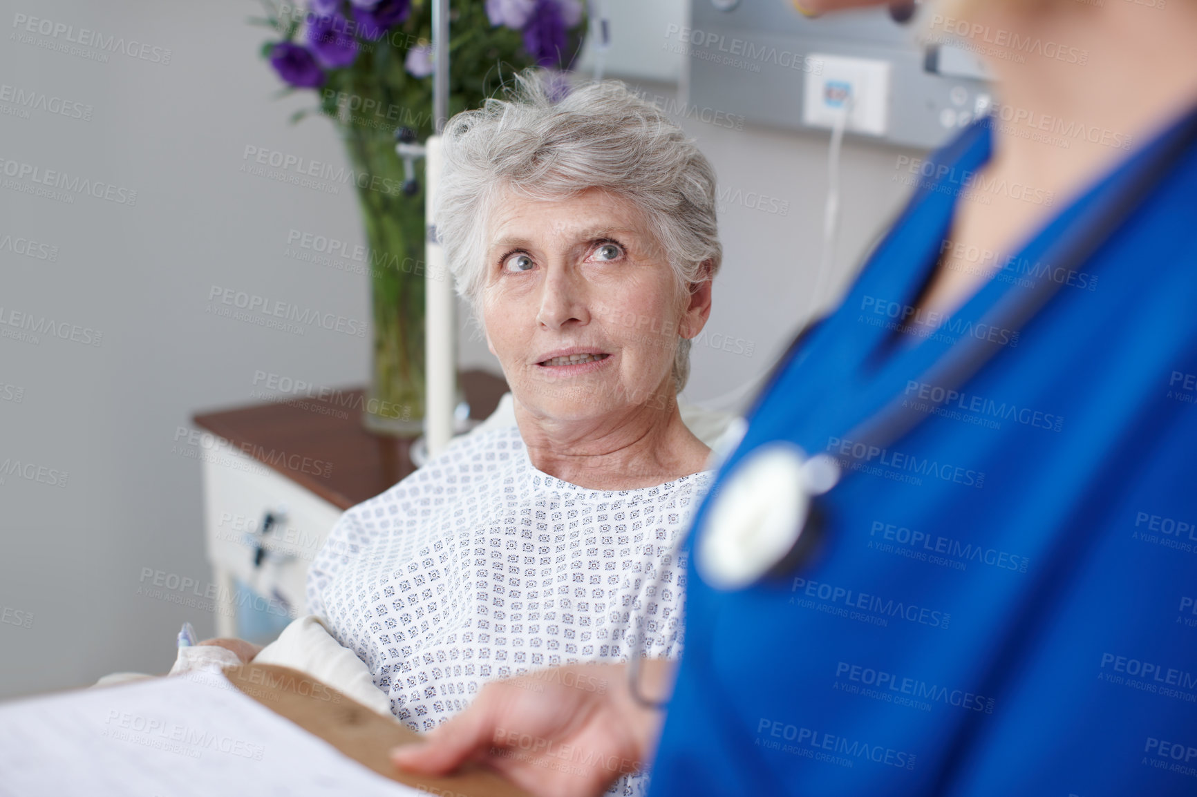 Buy stock photo Doctor, clipboard and senior patient in hospital bed for healthcare results, surgery update and recovery. Elderly woman, surgeon or health support for diagnosis, illness progress and rehabilitation