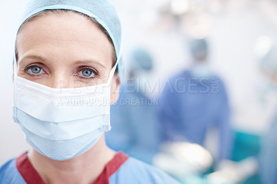Buy stock photo Woman, face mask or surgeons in portrait for surgery emergency accident or healthcare in hospital clinic. Medical, safety or doctors in surgical gear in operating room for uniform, operation or help