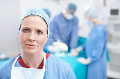 Buy stock photo Woman, theater or surgeon in portrait for surgery, emergency accident or healthcare in hospital clinic. Serious, face or doctor in surgical gear in operating room for medical safety or operation help