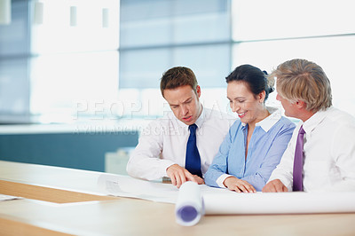 Buy stock photo Planning, architect and people with blueprint, office and collaboration for design, paperwork or ideas. Talking, teamwork and group with documents, architecture and discussion for property or project
