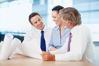 Buy stock photo Happy, architect and people with blueprint, discussion and collaboration for design, paperwork and planning. Talking, teamwork and group with documents, architecture and ideas for property or project