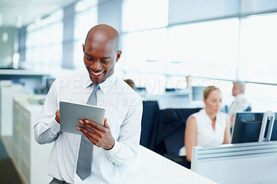 Buy stock photo Businessman, tablet and smile for project success, approval or internet report in office. Email update, manager and professional employee happy for finance, accounting or proposal communication