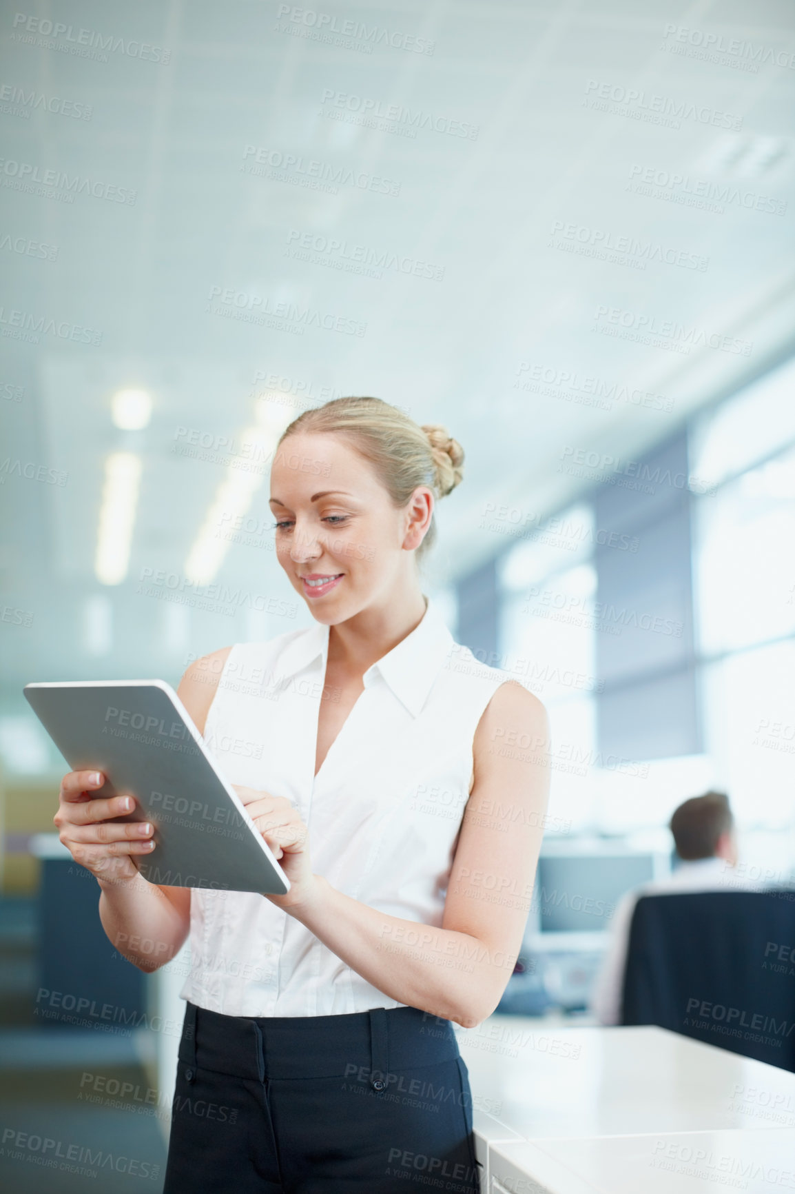 Buy stock photo Business woman, tablet and planning for digital project, research or internet report in office. Email update, manager and professional employee happy for finance, accounting or proposal communication