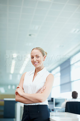 Buy stock photo Smile, crossed arms and portrait of businesswoman in office with confidence for career development. Happy, pride and professional female corporate attorney from London in law firm for legal job.