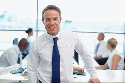 Buy stock photo Confidence, smile and businessman in portrait as manager or leader with team or growth in accounting firm. Coworking, happy or financial advisor in workplace with accountants and staff in company