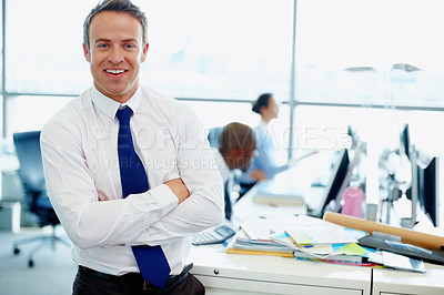 Buy stock photo Portrait, businessman and smile in office for finance, accounting and bookkeeping agency. Male person, pride and confidence as payroll, management and professional in corporate bank with arms crossed