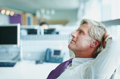 Buy stock photo Man, thinking and stretching in office for business, brainstorming and problem solving. Mature insurance agent, profile and relax in agency with future planning, sales pitch ideas and stress free