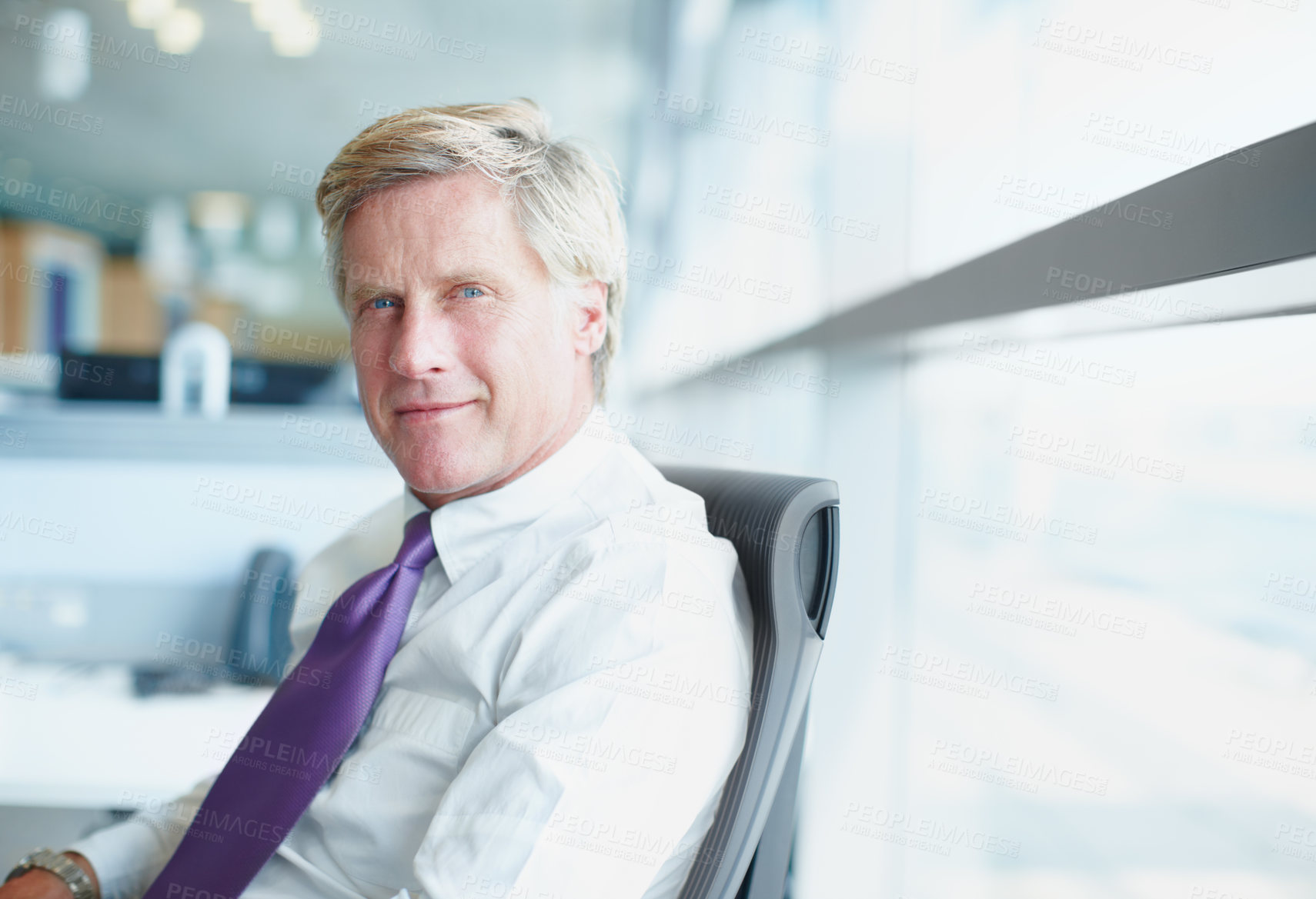 Buy stock photo Confident, portrait and mature man in office, ceo and proud of investment in company and corporate. Happy, entrepreneur and positive mindset for business, professional and person with smile or Canada