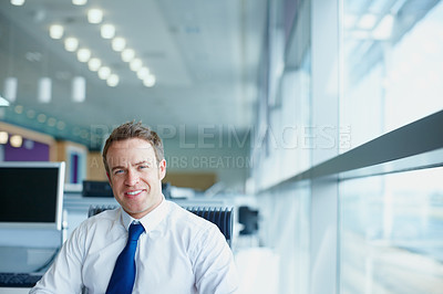 Buy stock photo Happy, portrait and man in office, ambitious and proud of investment in company and corporate. Confident, entrepreneur and positive mindset for business, professional and person with smile and Canada