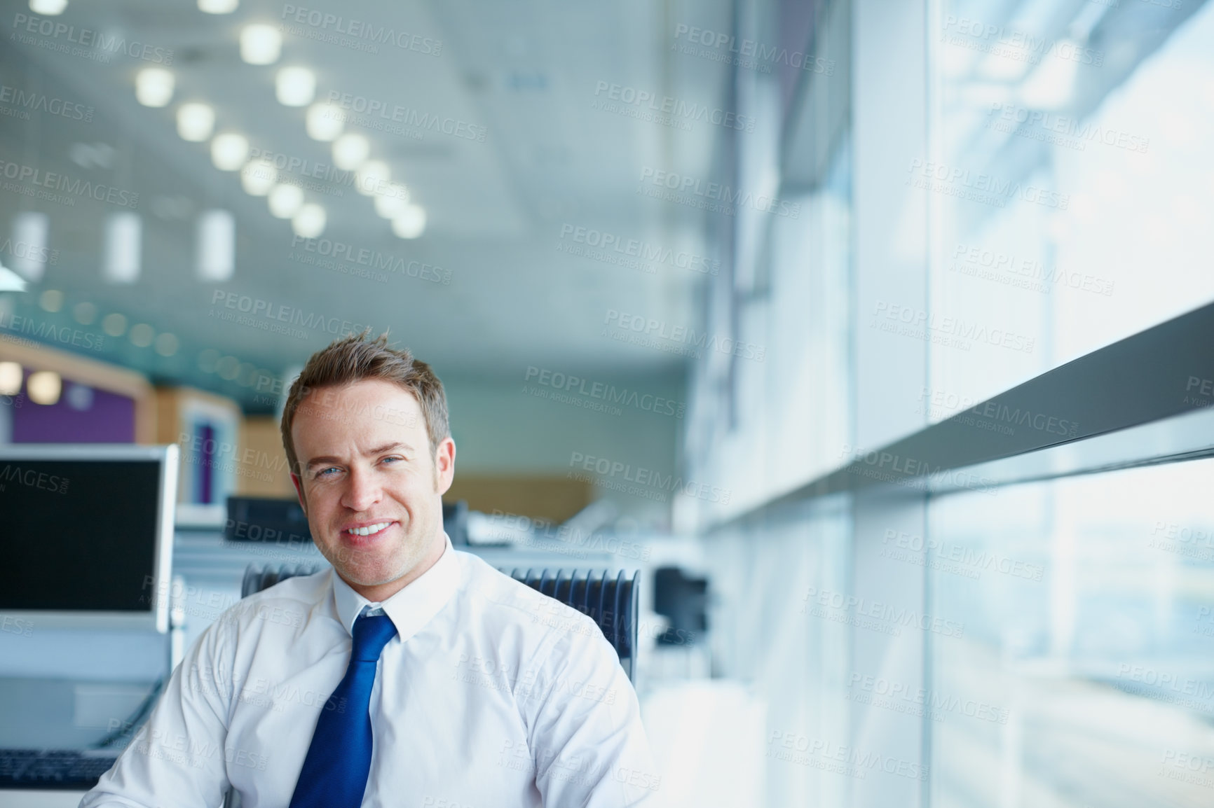 Buy stock photo Happy, portrait and man in office, ambitious and proud of investment in company and corporate. Confident, entrepreneur and positive mindset for business, professional and person with smile and Canada