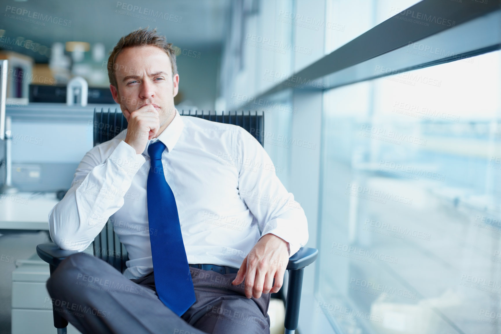 Buy stock photo Thinking, business and man as lawyer in office for corporate career, justice solution and legal advice. Male attorney, thoughts and ideas of policy knowledge, government services and constitution law