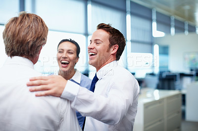 Buy stock photo Business people, funny and teamwork in office, planning and brainstorming with humor. Group, financial advisor and employees in workplace, discussion and laughing with help, smile and accounting firm