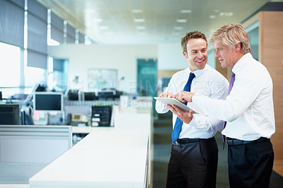 Buy stock photo Business people, mentor or tablet in office for research or financial report in accounting firm. Advice, manager or professional accountant in discussion for finance career, online update or teamwork