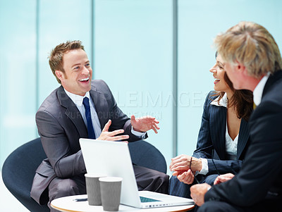 Buy stock photo Law firm, teamwork and people laughing for partnership planning, strategy discussion or communication. Business man, corporate lawyer and collaboration for evidence review or legal conversation