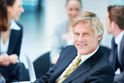Buy stock photo Portrait, meeting or happy mature businessman with legal team for court case, research or people. Collaboration, smile or confident lawyers in office with attorney or advisor at law firm for feedback
