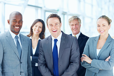 Buy stock photo Portrait, funny and business people in office, accounting and confidence with cooperation. Face, employees and investors with pride, career ambition and happiness with collaboration and diversity
