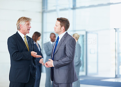 Buy stock photo People, men and business networking in office for investment opportunity, b2b partnership and planning. Financial stakeholders, employees and discussion in lobby for company growth and sales feedback