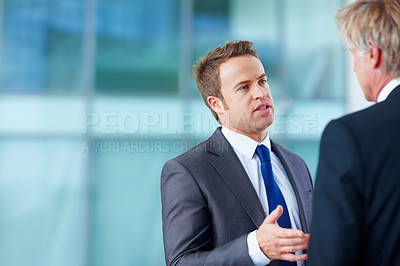 Buy stock photo Talking, meeting or business people with advice or legal team for court case, research or support. Space, corporate or lawyers in office with attorney or advisor at law firm for review or feedback