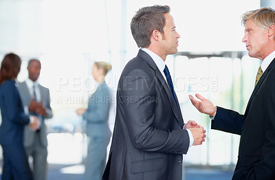 Buy stock photo Talking, meeting or business people with mentor, advice or legal team for court case, research or support. Feedback, question and lawyers in office with attorney or advisor at law firm for review