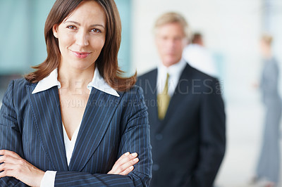 Buy stock photo Portrait, business and woman with confidence in office of corporate leadership, about us and experience. Smile, female person and arms crossed for finance ambition, investment funding and opportunity