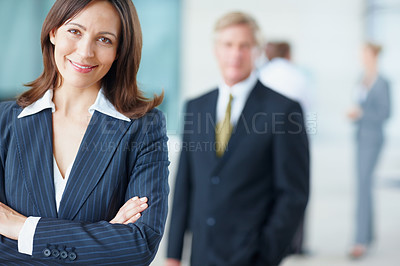Buy stock photo Portrait, corporate and woman with confidence in office for leadership, about us and career experience. Smile, female person and arms crossed with finance ambition, investment funding and opportunity