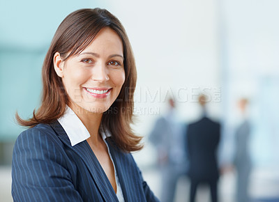 Buy stock photo Woman, business lawyer and expert in office, professional and proud of legal constitution. Female person, employee and confident attorney at law agency, justice advisor and worker portrait at job