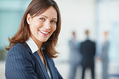 Buy stock photo Woman, business lawyer and working in office, professional and proud of legal constitution. Female person, portrait and confident attorney at law agency, justice advisor and space for job policy