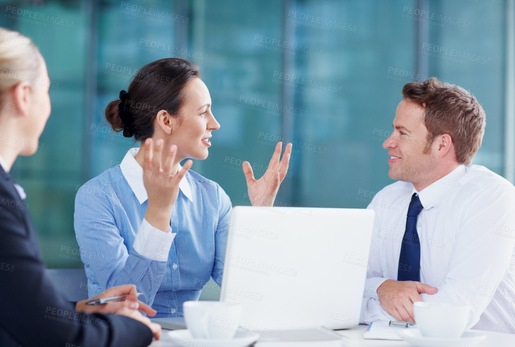 Buy stock photo Advisor, talking or business people in meeting for legal team for court case, research or support. Project, laptop or lawyers in office with attorney or consultant at law firm for review feedback