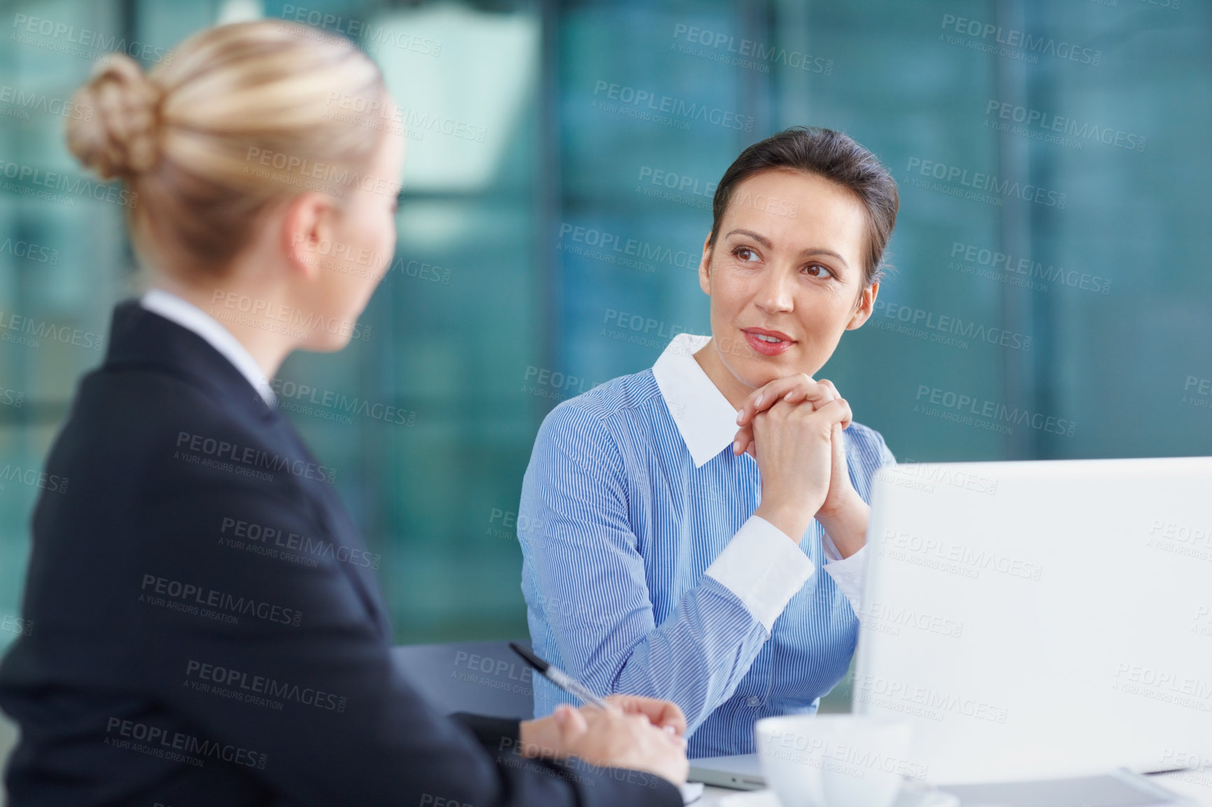 Buy stock photo Advisor, meeting or business women with laptop or legal team for court case, research or support. Advice, smile or happy lawyers in office with attorney or consultant at law firm for review feedback