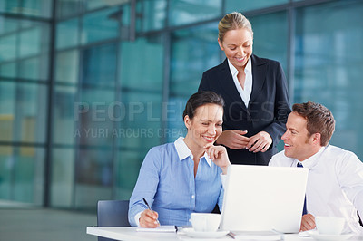 Buy stock photo Notebook, laptop or happy business people in meeting for legal team for court case research or support. Project, smile or lawyers in office with attorney or consultant at law firm for review feedback