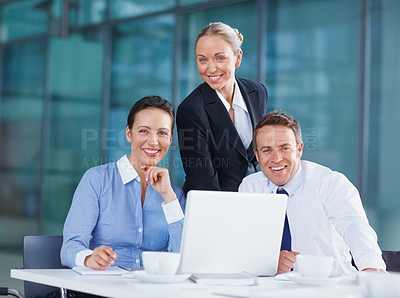 Buy stock photo Happy, meeting or business people with portrait or legal team for court case, research or support. Laptop, about us or lawyers in office with attorney or advisor at law firm for review or feedback