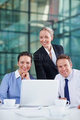 Buy stock photo Smile, meeting or business people with portrait or legal team for court case, research or support. Laptop, about us or lawyers in office with attorney or advisor at law firm for review or feedback